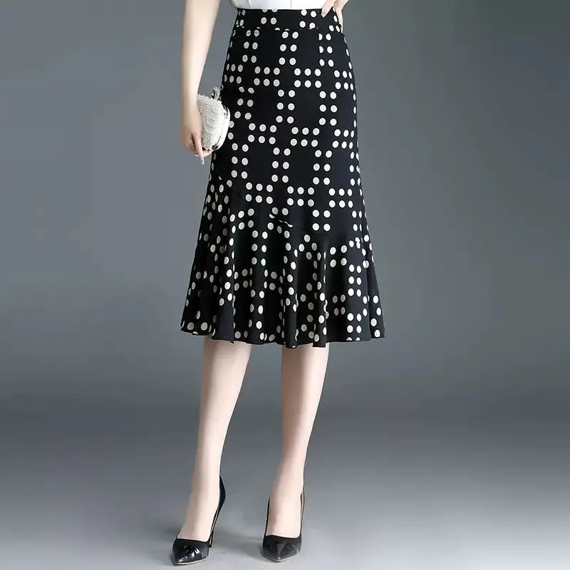 Ladies' Summer High Waist Plus Size Skirts 2026 Mid Long Flowing Suit Skirt New Style Casual Dot Printed A-line Retro Skirt S702