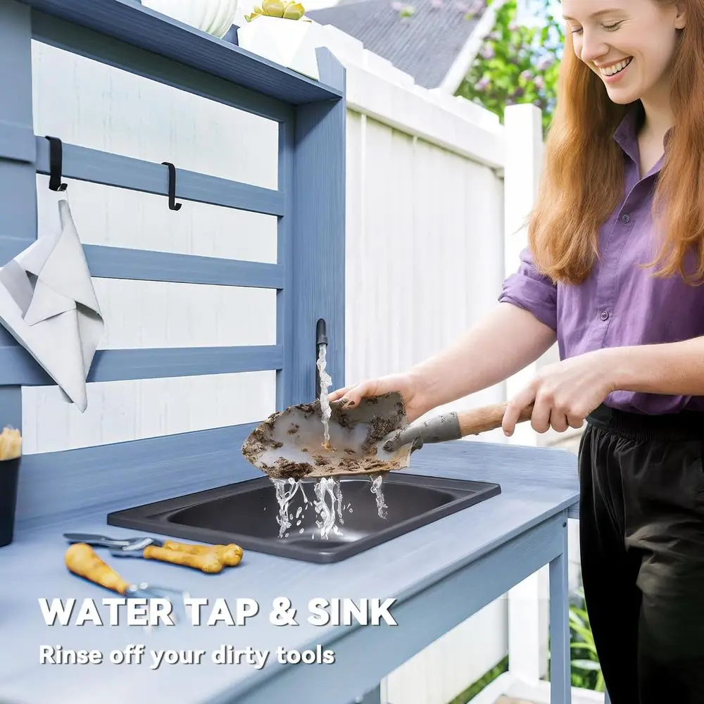 Mesa de banco para macetas de madera con fregadero y grifo de agua, estación de trabajo de jardín con gabinete de almacenamiento, estantes de almacenamiento para patio trasero, patio