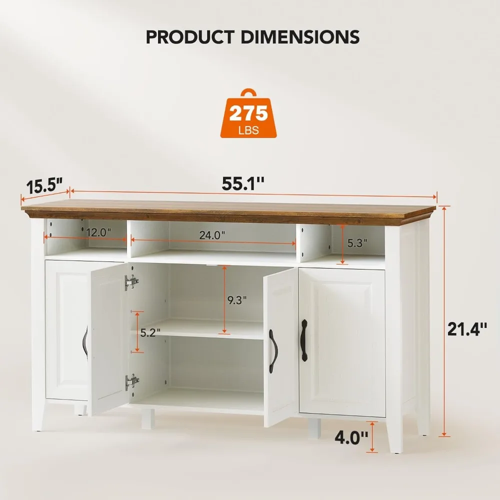 خزانة بوفيه أمادا مع مساحة تخزين، خزانة تخزين جانبية كبيرة مقاس 55 بوصة مع أرفف قابلة للتعديل، 4 أبواب، قهوة المزرعة الحديثة #3
