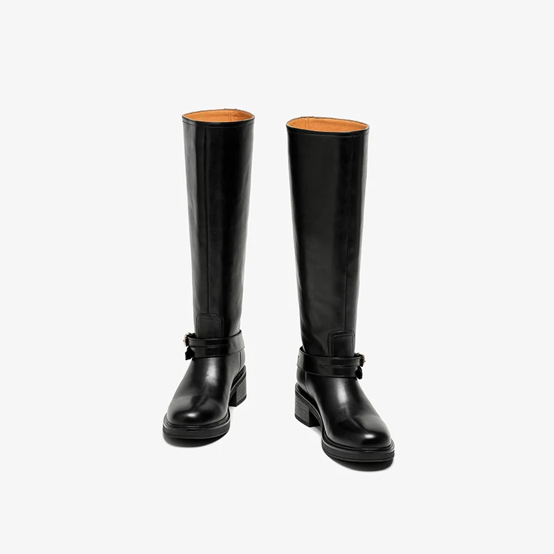 BEAUTODAY Long Boots Women Cow Leather Knee High Boots Round Toe Metal Buckle Ladies Riding Shoes Mid Heel Handmade 01415
