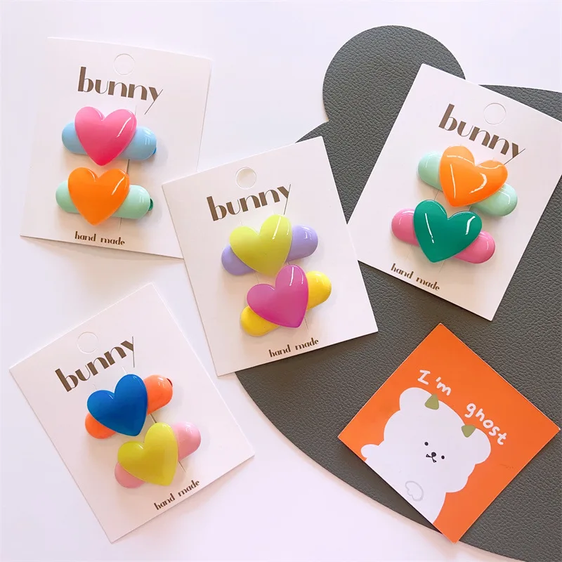 2024 New Kids Resin Love Shape Hairpins 2Pcs Girls Bright Color Hair Clip Set Cute Duckbill Clip Baby Barrettes Hair Accessories