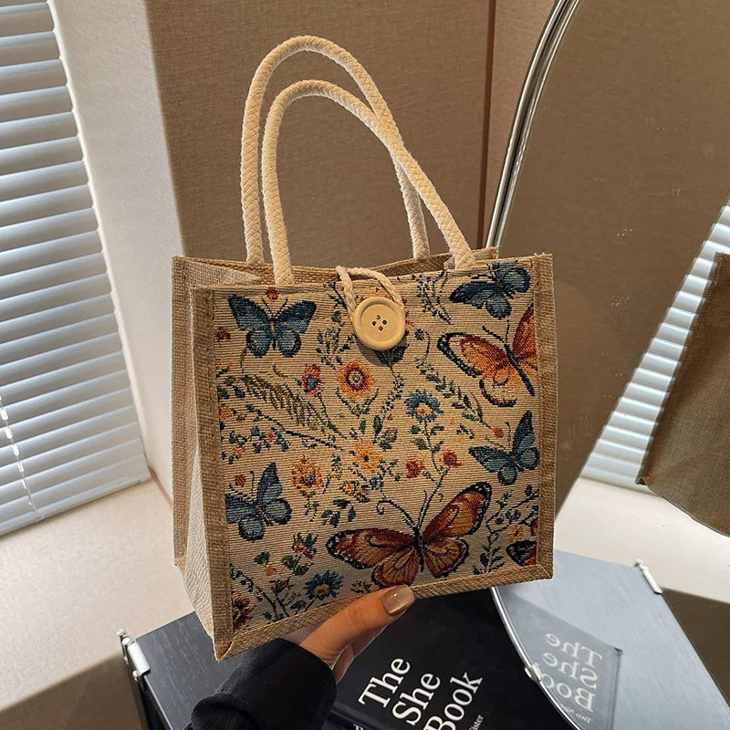Picture 6: Linen lunch box, hand-held bento bag, soft and beautiful butterfly horizontal square single-shoulder bag