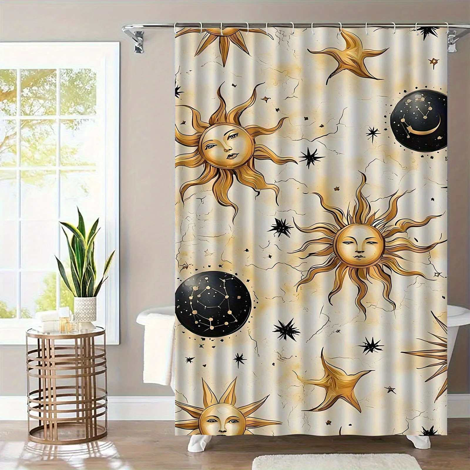 

1pc Sun & Moon Shower Curtain - Elegant Celestial Design with Stars, Durable Polyester Fabric, 12 Hooks Included, Machine Washab