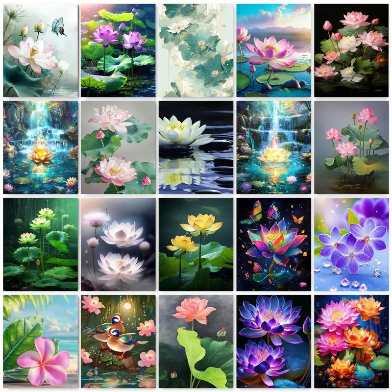 

PhotoCustom Diamond Painting Lotus Full Drill Square New Arrival Diamond Embroidery Flower Diamond Mosaic Needlework Home Decor