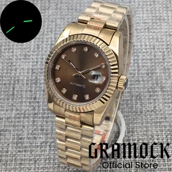 Gramock 31mm Sapphire Glass Luxury NH05 Automatic Lady Watches Rose Gold Bracelet Fluted Bezel White/Brown Dial 10ATM Waterproof