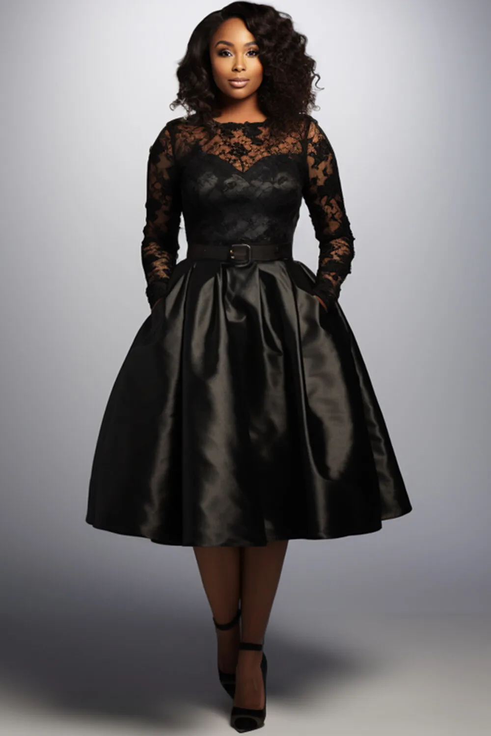 Women Plus Size Lace Embroidery Evening Dress Mesh Hollow Out Crew Neck Long Sleeves Satin Bodycon Party Gown Cocktail Dresses