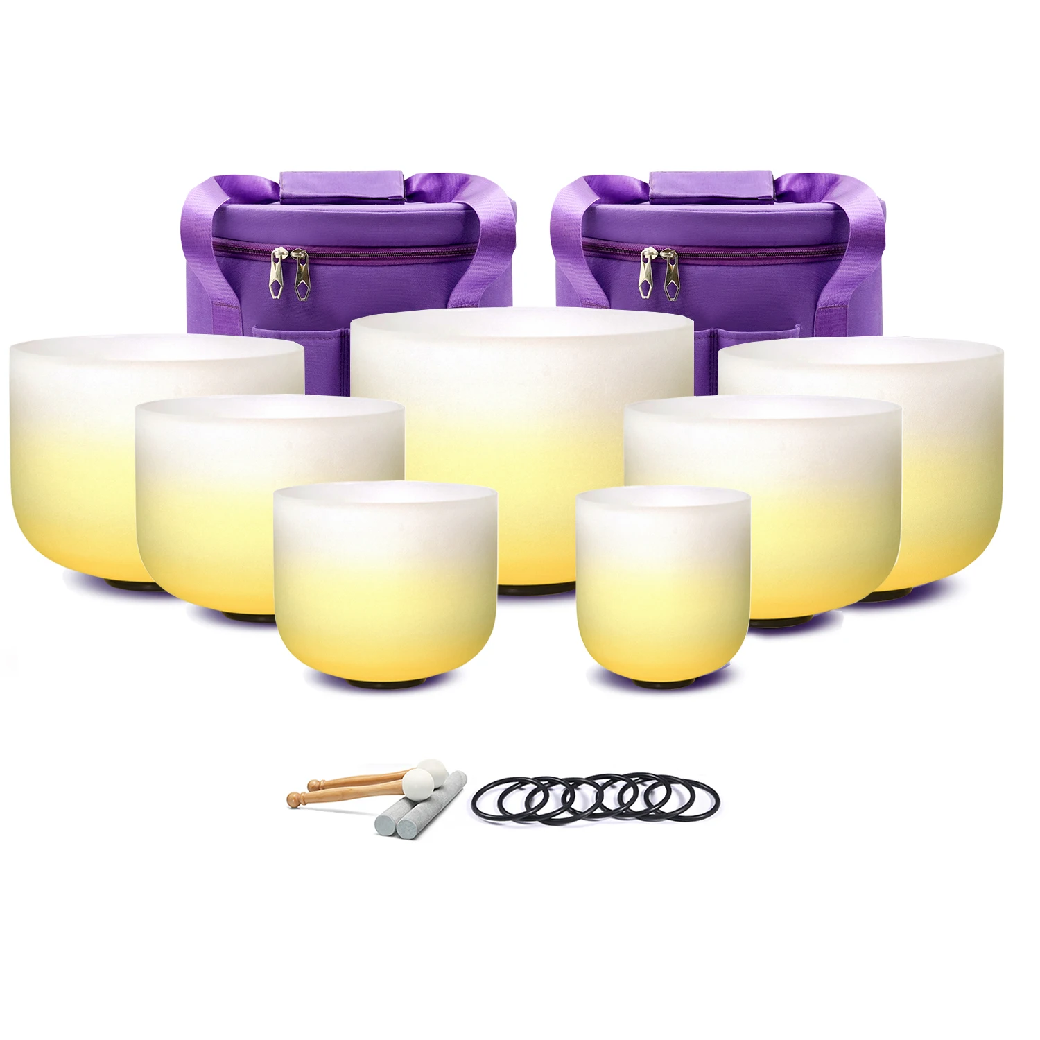 Tibetan Singing Bowl - ชุดชามคริสตัลสีเหลือง 7 ชิ้น ขนาด 6-12/7-12 นิ้ว