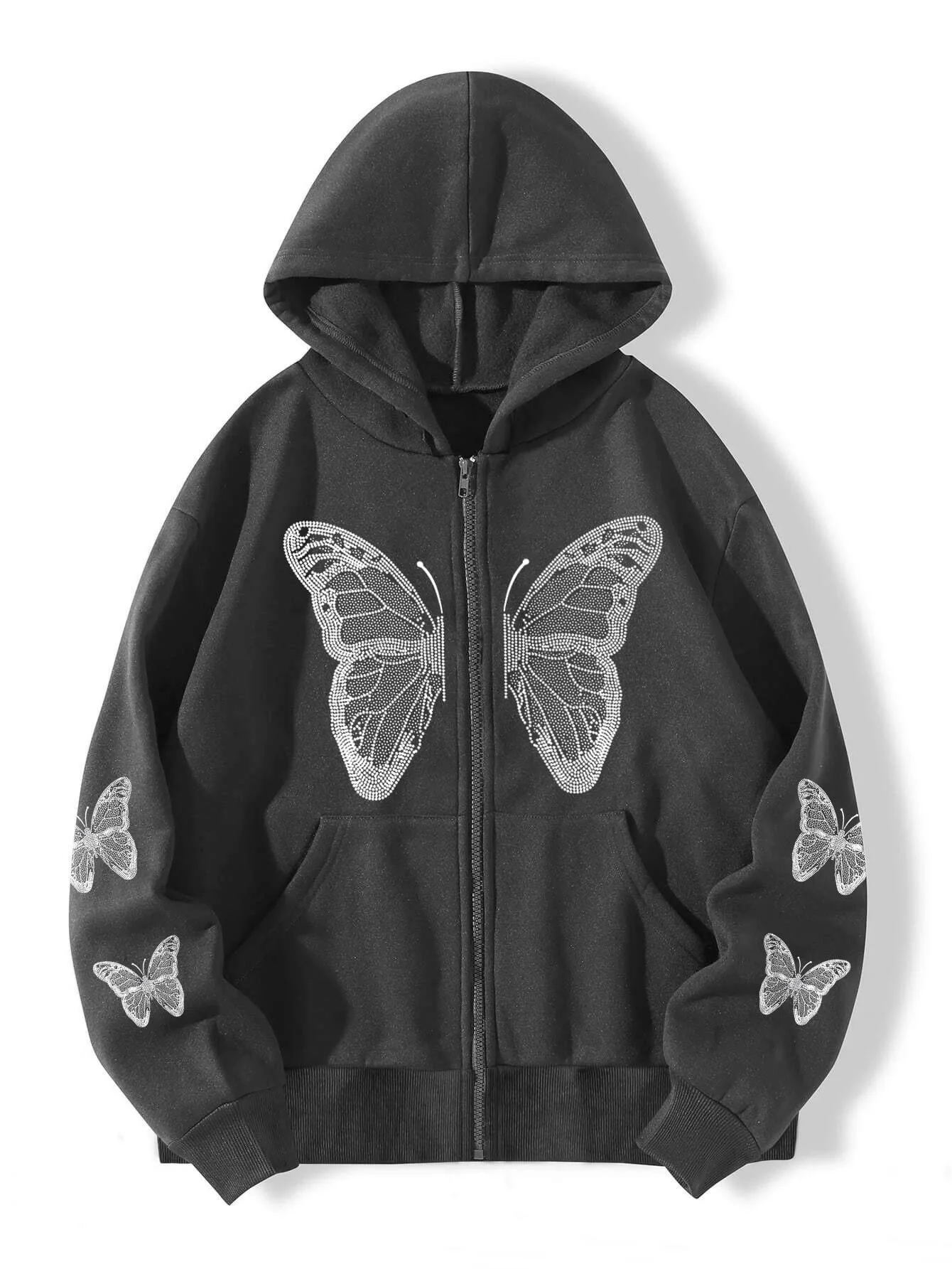 Xuanshow Herbst Winter Frauen Reiß verschluss Hoodie Sweatshirt Schmetterling lose Reiß verschluss Vorder tasche lässig Streetwear Kapuze Jacke Mantel – Detail 12