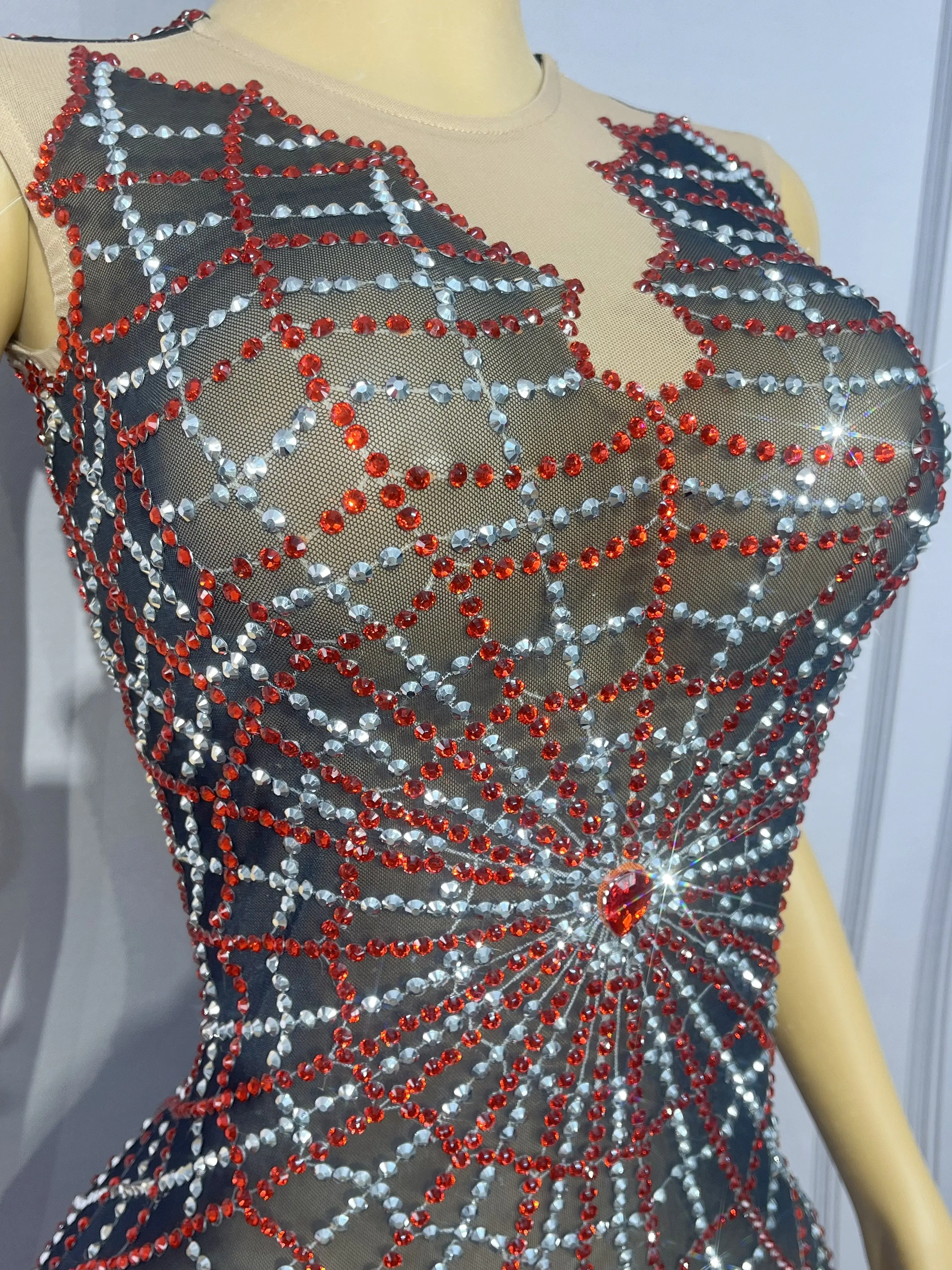 Moda teia de aranha projetada strass cintilantes malha garfos altos desempenho de halloween festa de férias celebrar roupa hongzhizh