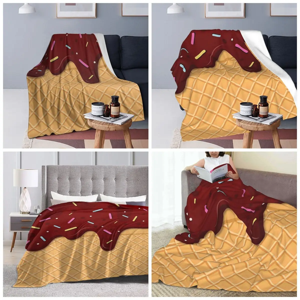 Ice Cream Waffle With Chocolate Blanket Soft Warm Flannel Throw Blanket Cover for Bed Travel Home Sofa