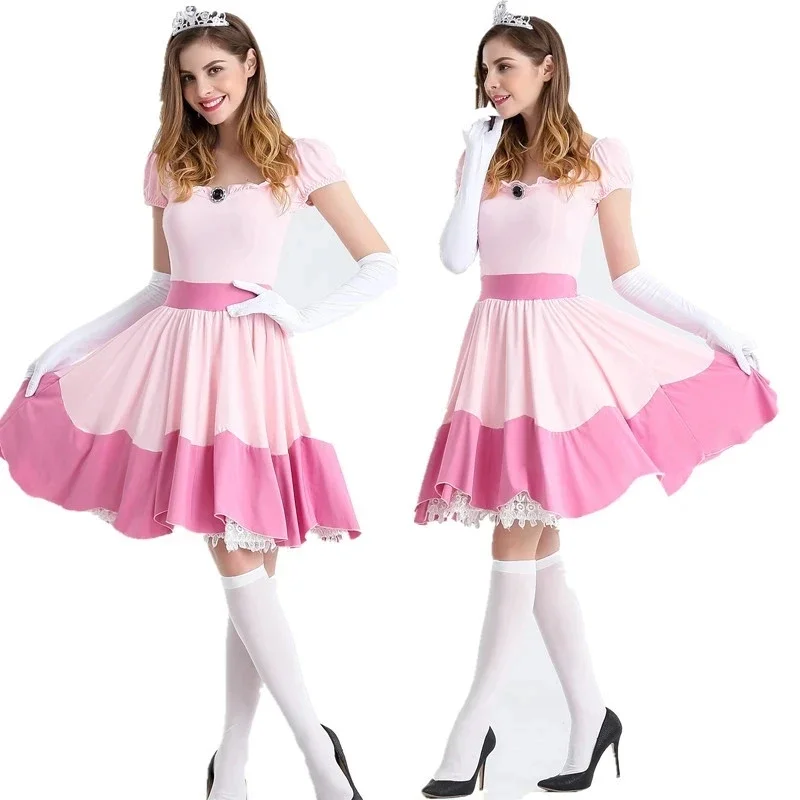 Super Luigi Mary Costume Fairy Tale Peach Princess Cosplay Party Dress Roleplay Carnival Purim Women Fancy Pink Short Sexy Dress