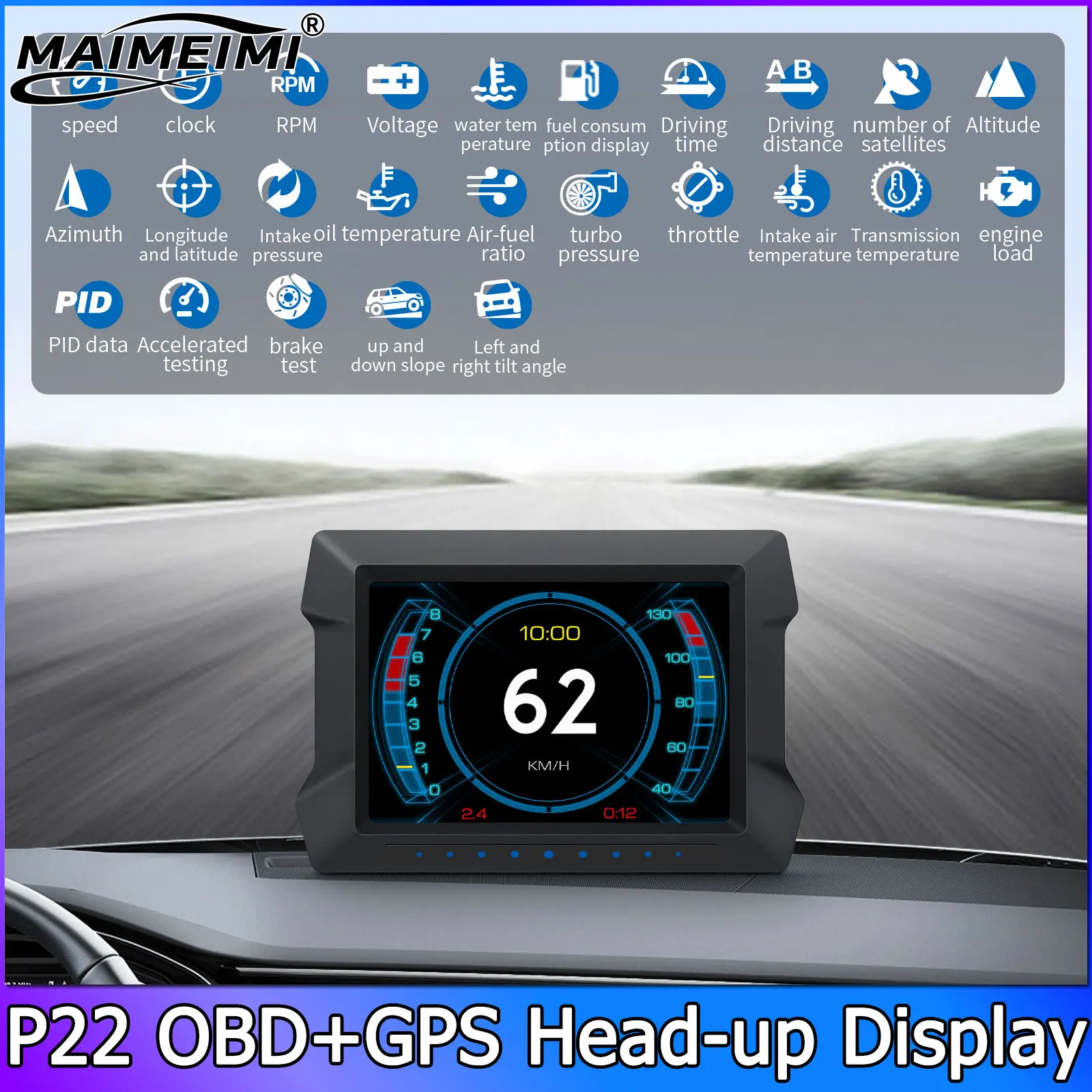 P22 Head Up Display on Board Computer GPS OBD HUD Digital Slope Meter Clock GPS Speedometer Diagnostic Tools Instrument Cluster