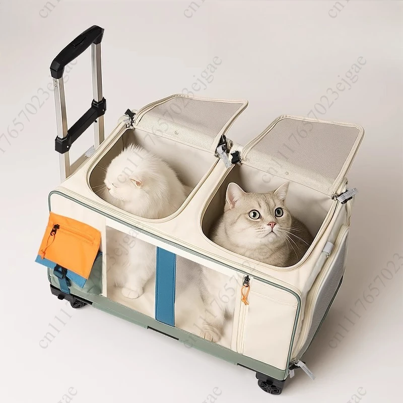 Extra Large Cat Carrier with Wheels - Foldable Pet Stroller for 2 Cats, Breathable Dog Travel Backpack Trolley Pushcart