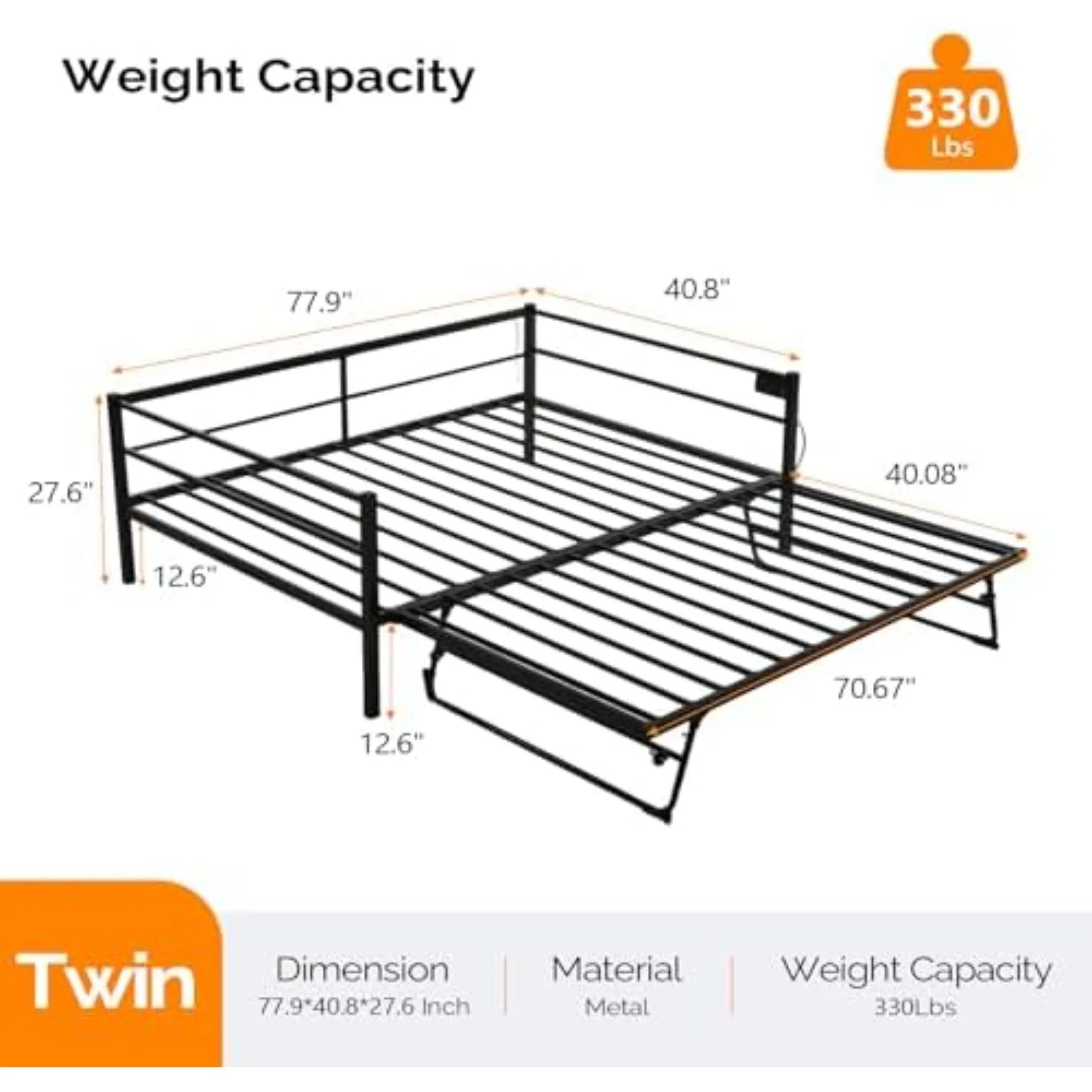 Daybed with Trundle Bed Twin, Charging Station and LED Lights,Heavy Duty Metal Twin Daybed with Pop up Trundle for