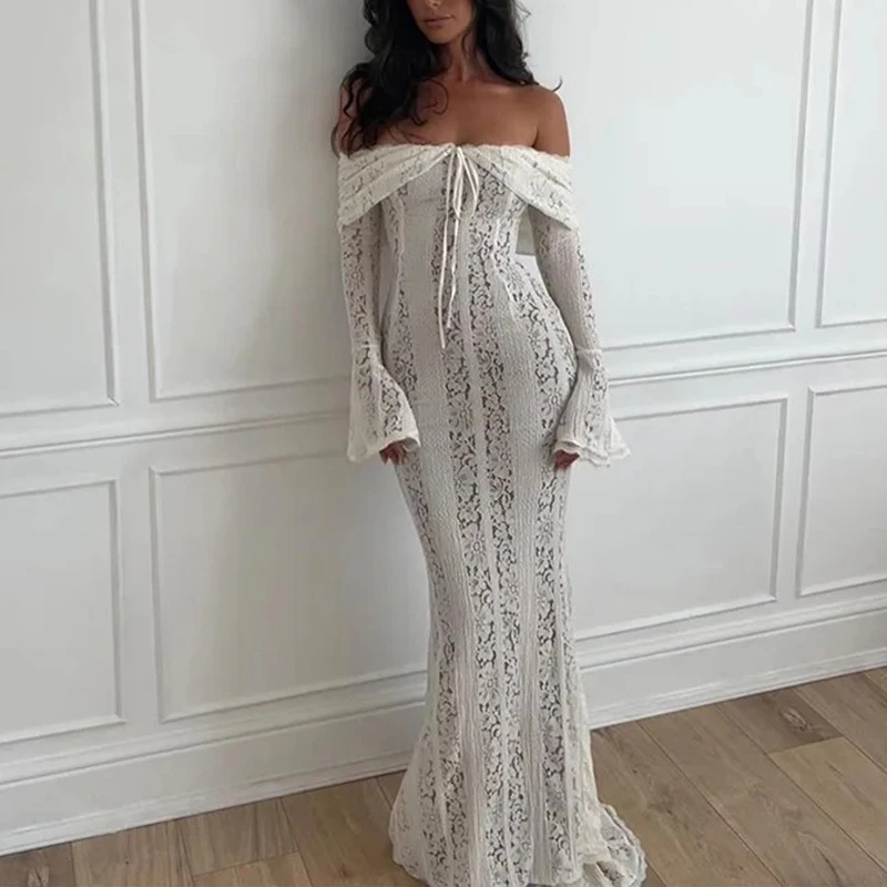 Sexy One Shoulder Embroidery Bodycon Mermaid Dresses New Long Sleeve Lace Formal occasion Dress Women Elegant French Party Dress