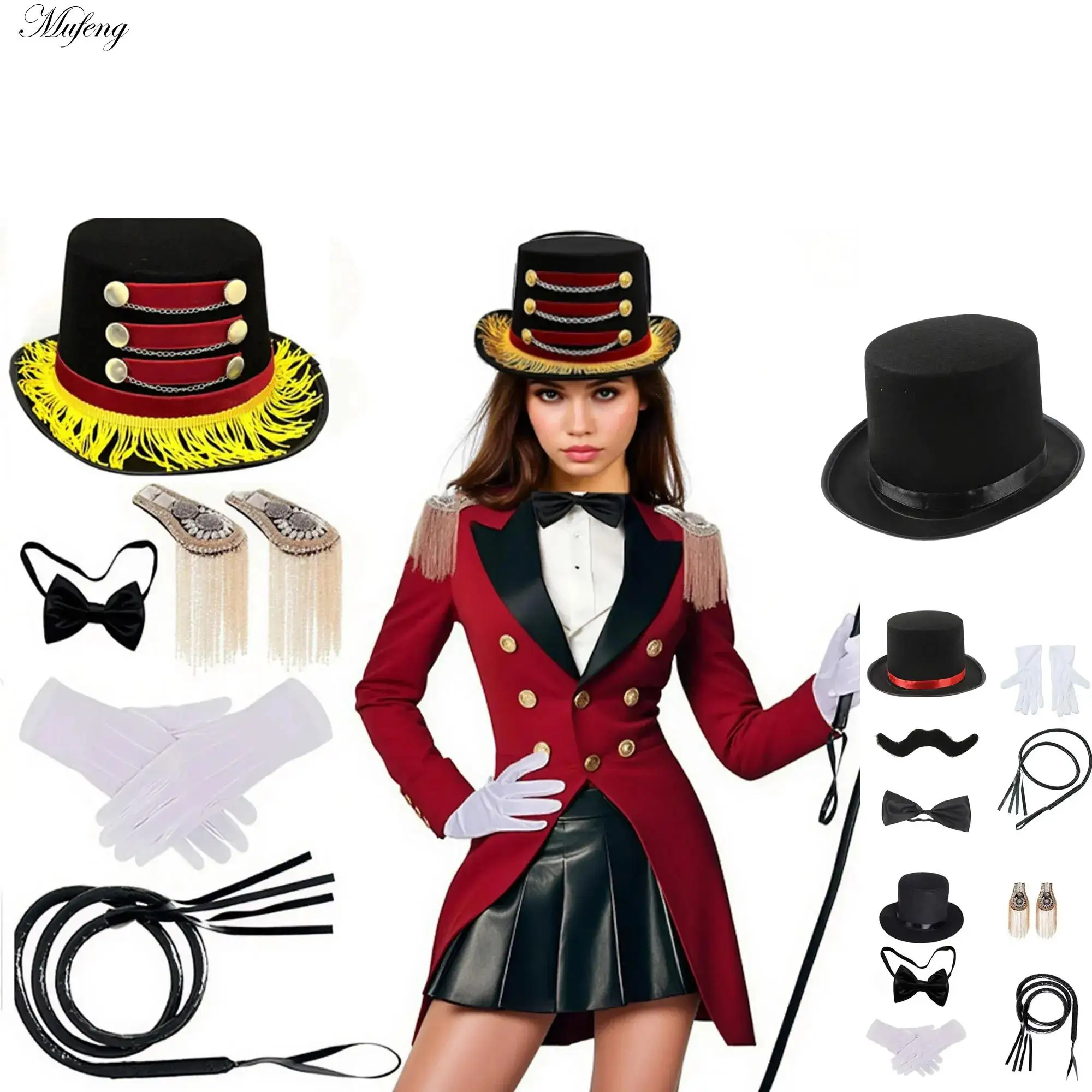Costume de jeu de rôle Ringmaster pour adultes, Kit d'accessoires, chapeau haut-de-forme, épaulettes, nœud papillon, gants fouet, spectacle sur scène magique d'halloween
