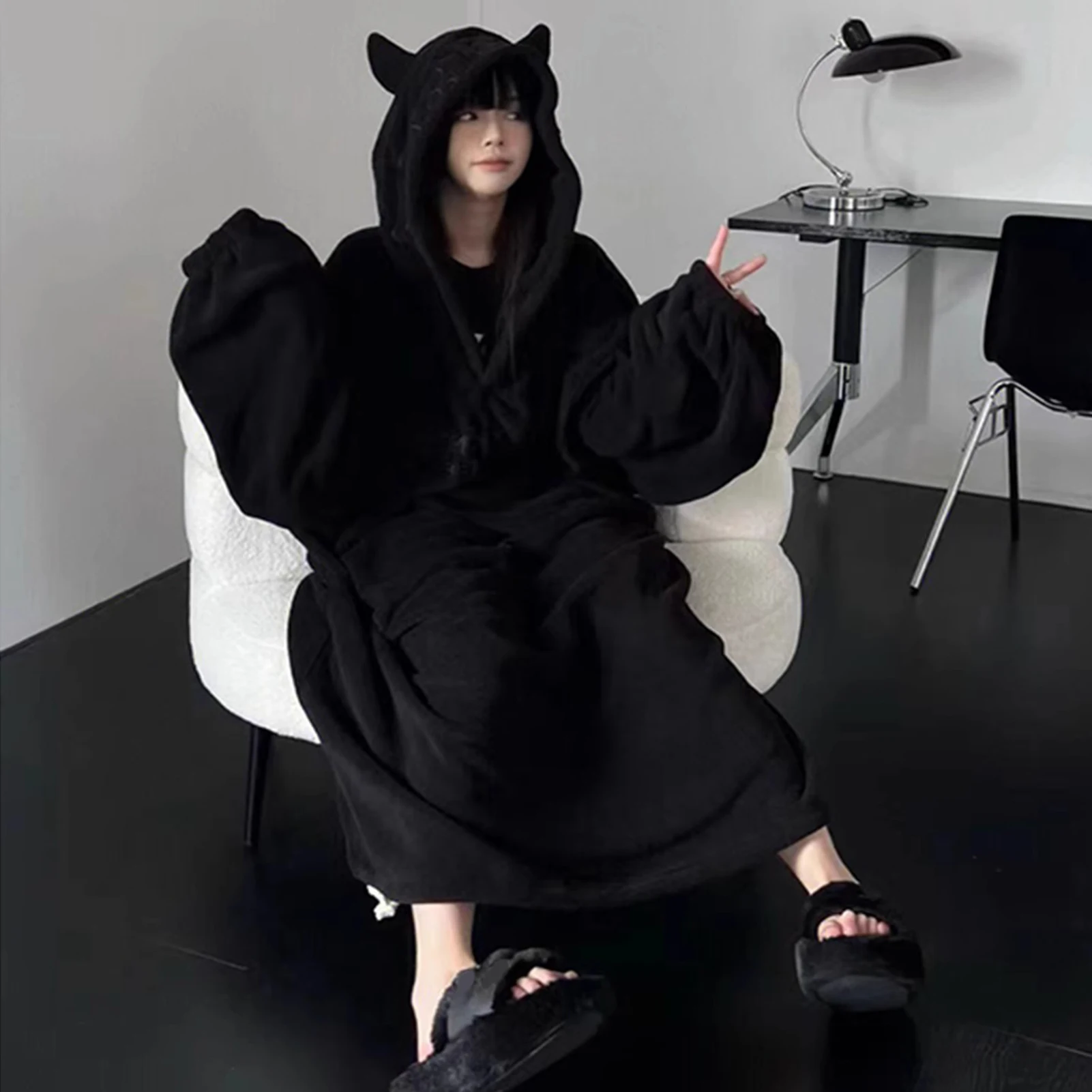 

Thickened padded pajamas Solid color Homewear Loose oversized hooded Dresses Imp couple robe Fall and winter one-piece Sleepwear