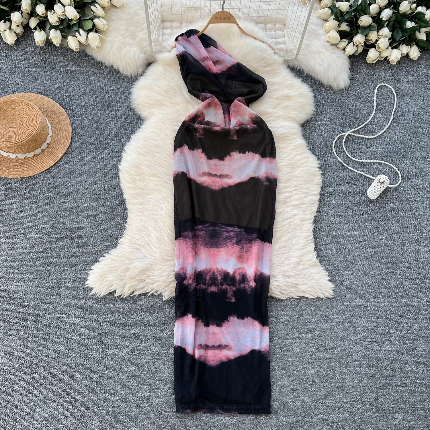 Sexy Off Shoulder Elegant Tie Dye Chic Diagonal Collar Slim Split Mesh Dress Korean Fashion Evening High Street Summer Clothing