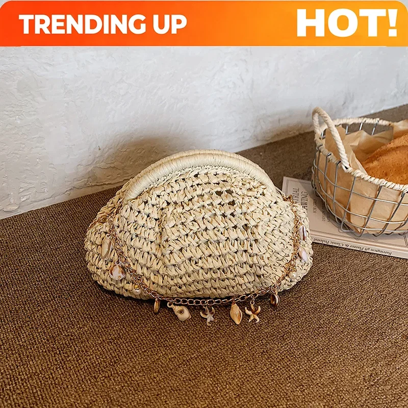 2026 New Exquisite Bohemian Shell Decor Straw Crossbody Bag Summer Vacation Travel Woven Rattan Beach Shoulder Purse For Women