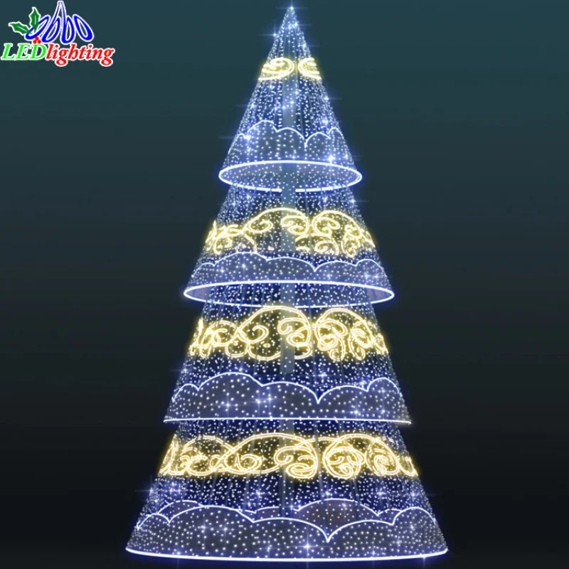 Customized. new designed 6M 12M 20m large outdoor white metal led lighted 3D cone trees