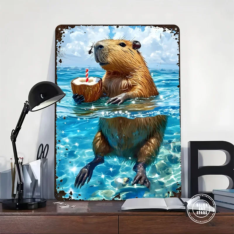 Capybara Enjoying a Coconut Drink in Ocean Personalized 3D Textured Metal Poster Wall Art Tinplate Sign for Funny Signs Man Cave