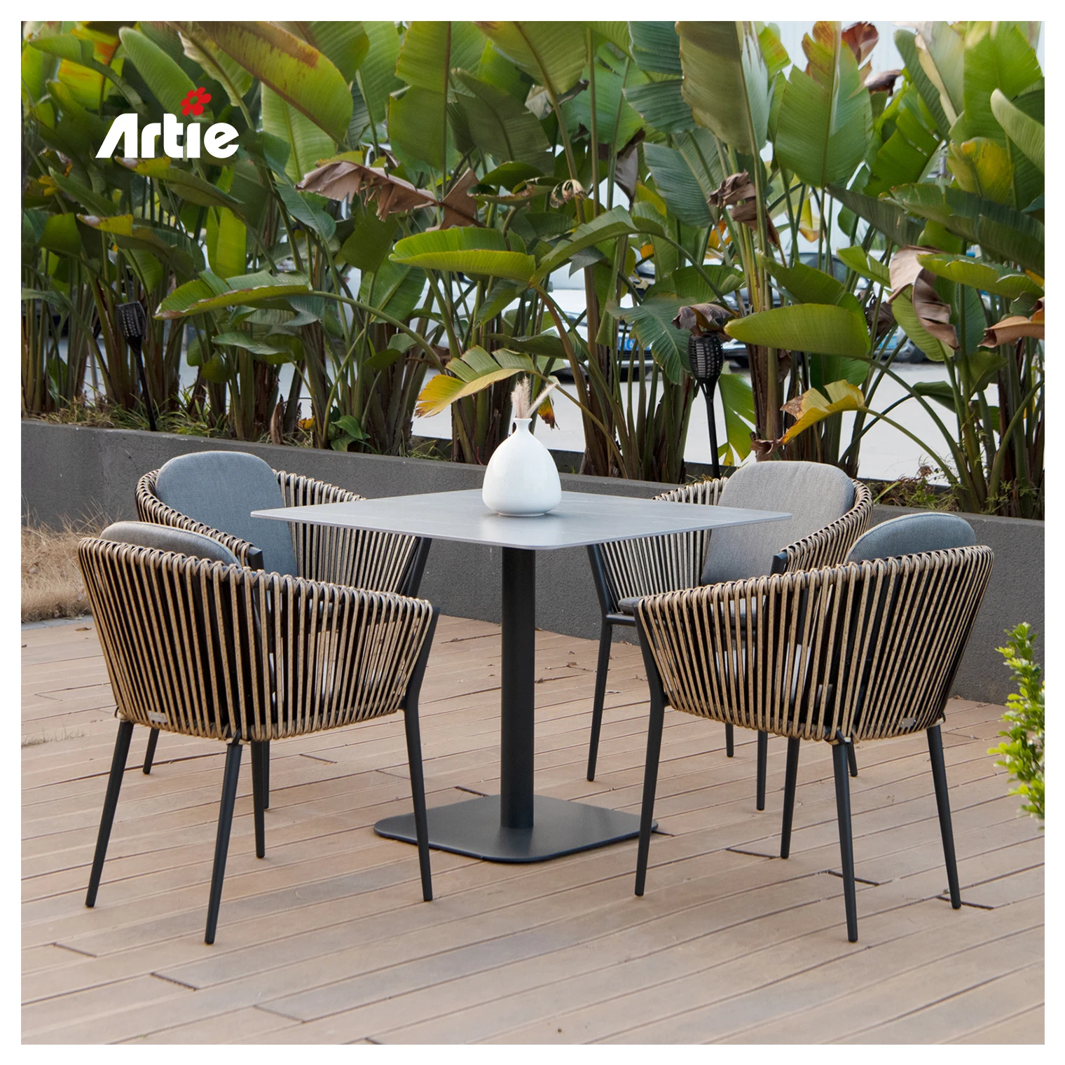 Artie Luxury Style Garden Table Set Aluminum Patio Furniture PE Rattan  Balcony Furniture Outdoor Table and Chairs