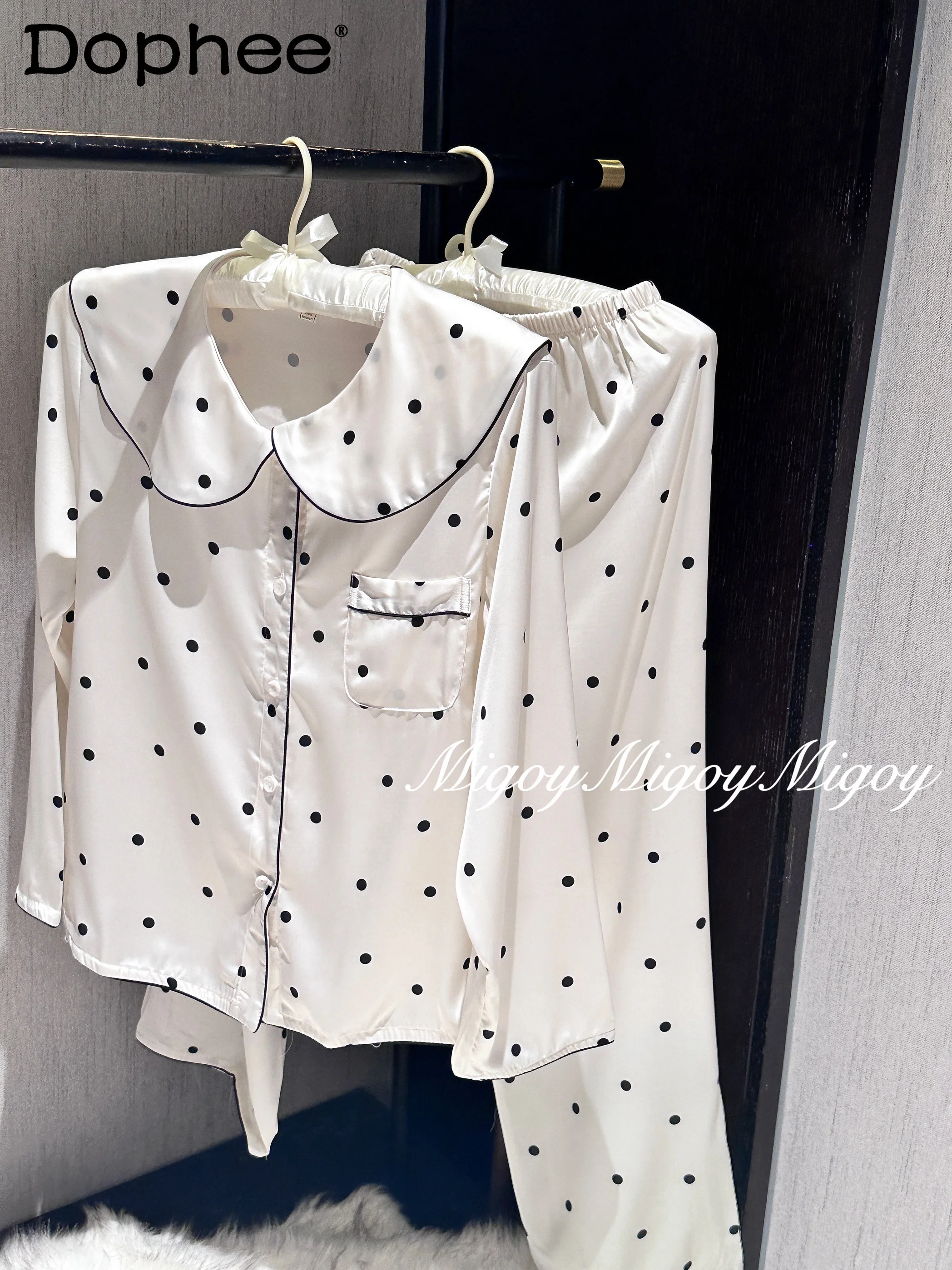 

Sweet Girl Polka Dot Satin Ice Silk Doll Collar Spring and Autumn Cute Pajamas Cute Girl French Doll Collar Homewear Set