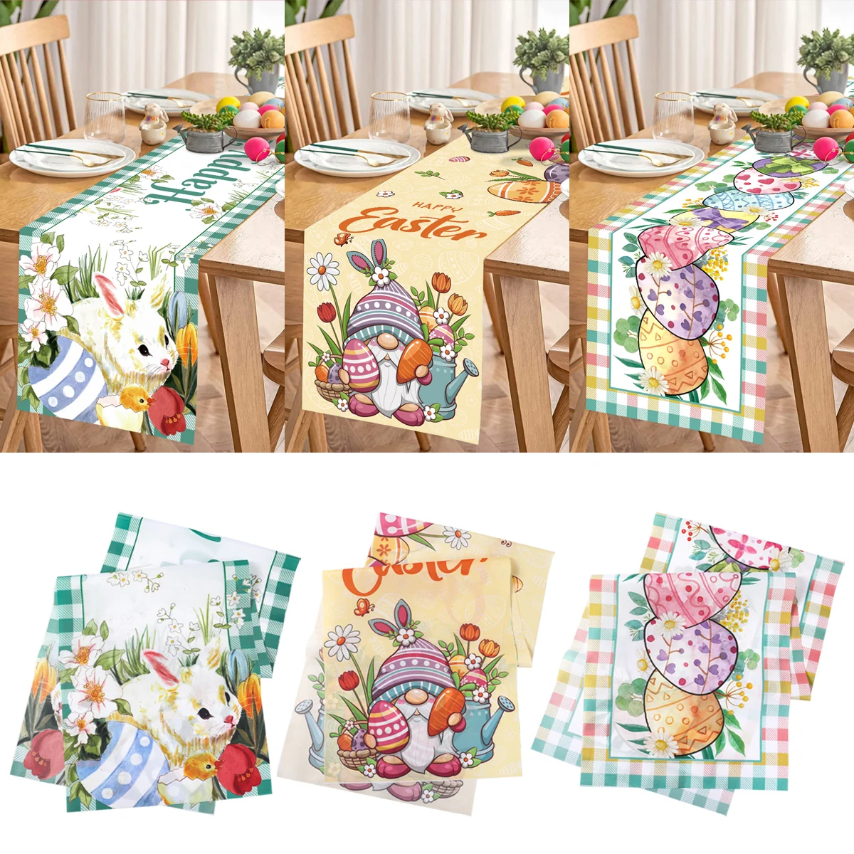 Happy Easter Table Runner Easter Decorations 2024  For Home Table Bunny Eggs Polyester Table Runner 180x35cm Easter Party Decor