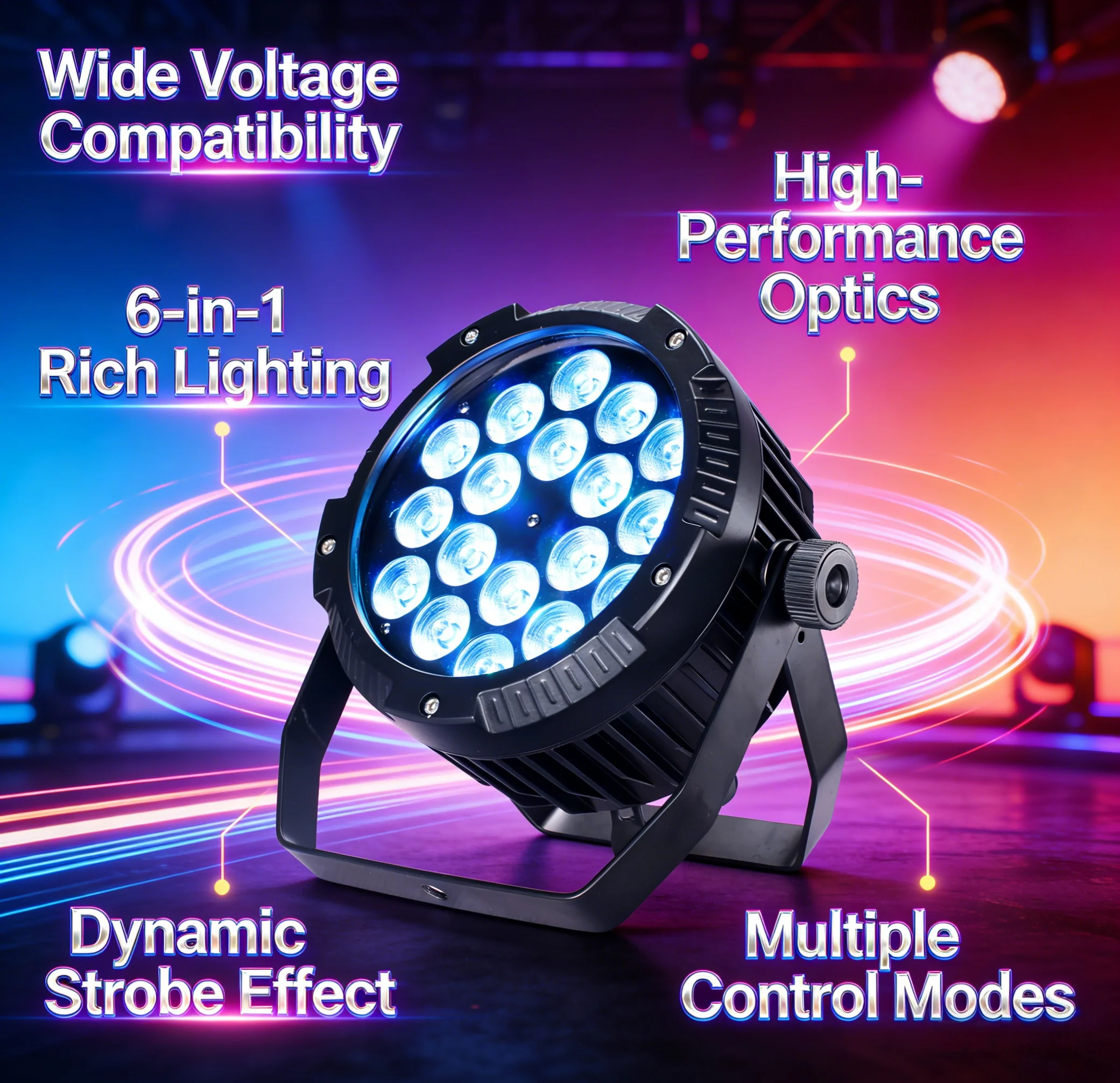2PCS IP65 18X18W LED Par Light RGBWA+UV 6-in-1 DMX512 Control Aluminum Body for Stage Disco DJ Club Party Entertainment