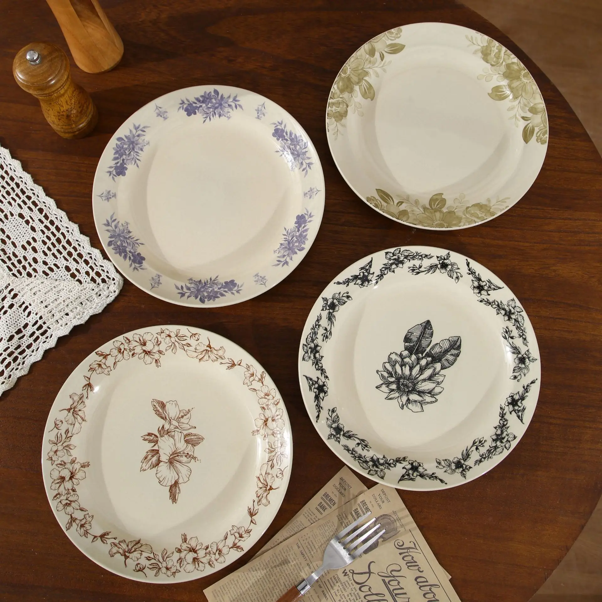 Floral Ceramic Plates Household Chinese-style Underglaze Colored Tableware High-end Western-style Plates Dessert Breakfast Disc