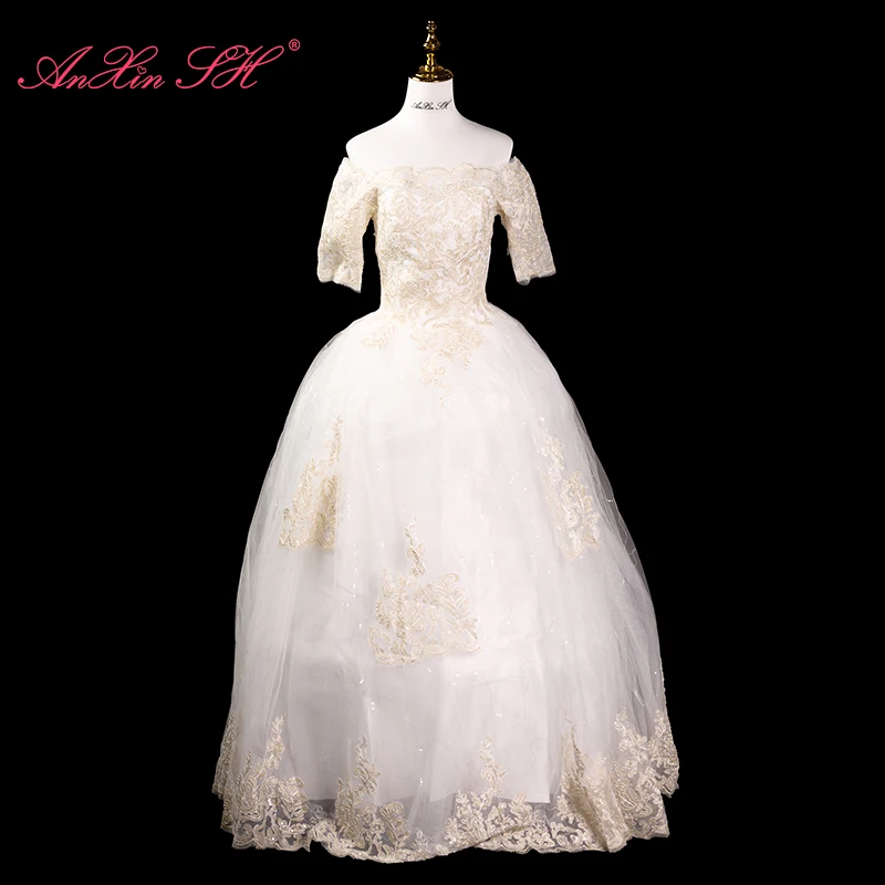 AnXin SH princess champagne flower white lace boat neck illusion half sleeve lace up party ball gown bride wedding dress