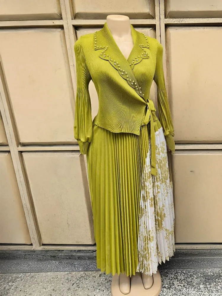 فستان WHTREND بطيات مرقعة للنساء فساتين مطبوعة بأكمام طويلة مع ضمادة مطرزة بالخرز أزياء نسائية #4