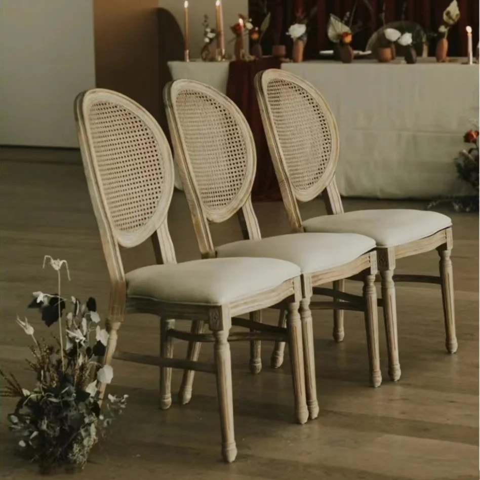 Provincial Vintage Furniture Antique Banquet wood Rattan Cane Back Louis Event Wedding hotel hall dining Chair