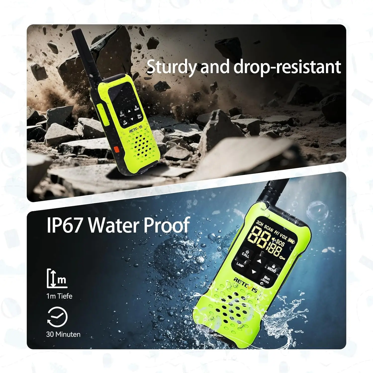 Retevis RT649P Walkie Talkie IP67 Waterproof Floating PMR446 License-Free Two Way Radio For Camping Kayak Outdoor Survival 2pcs