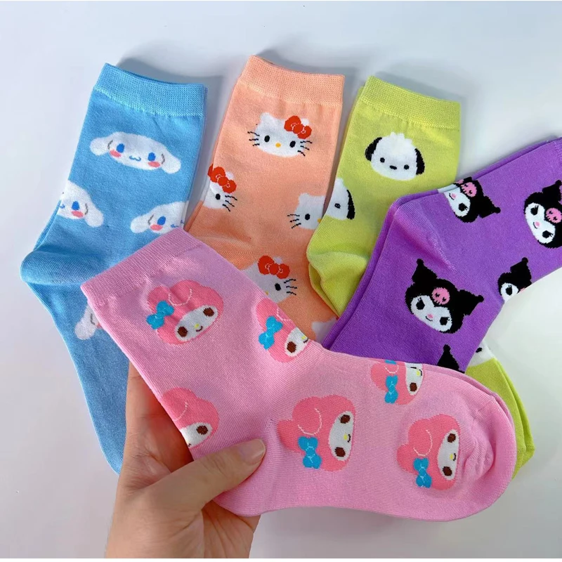 

5pairs Sanrio Accessories Socks Anime Hello Kitty Kuromi Melody Cinnamoroll Long Tube Harajuku Keep Warm Casual Socks Girl Gift