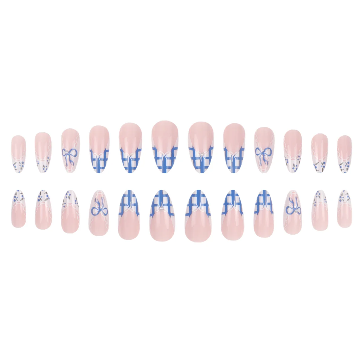 24 Pieces Reusable ABS Blue French Bow Pattern Almond Fake Nails with Press on Nail Tips
