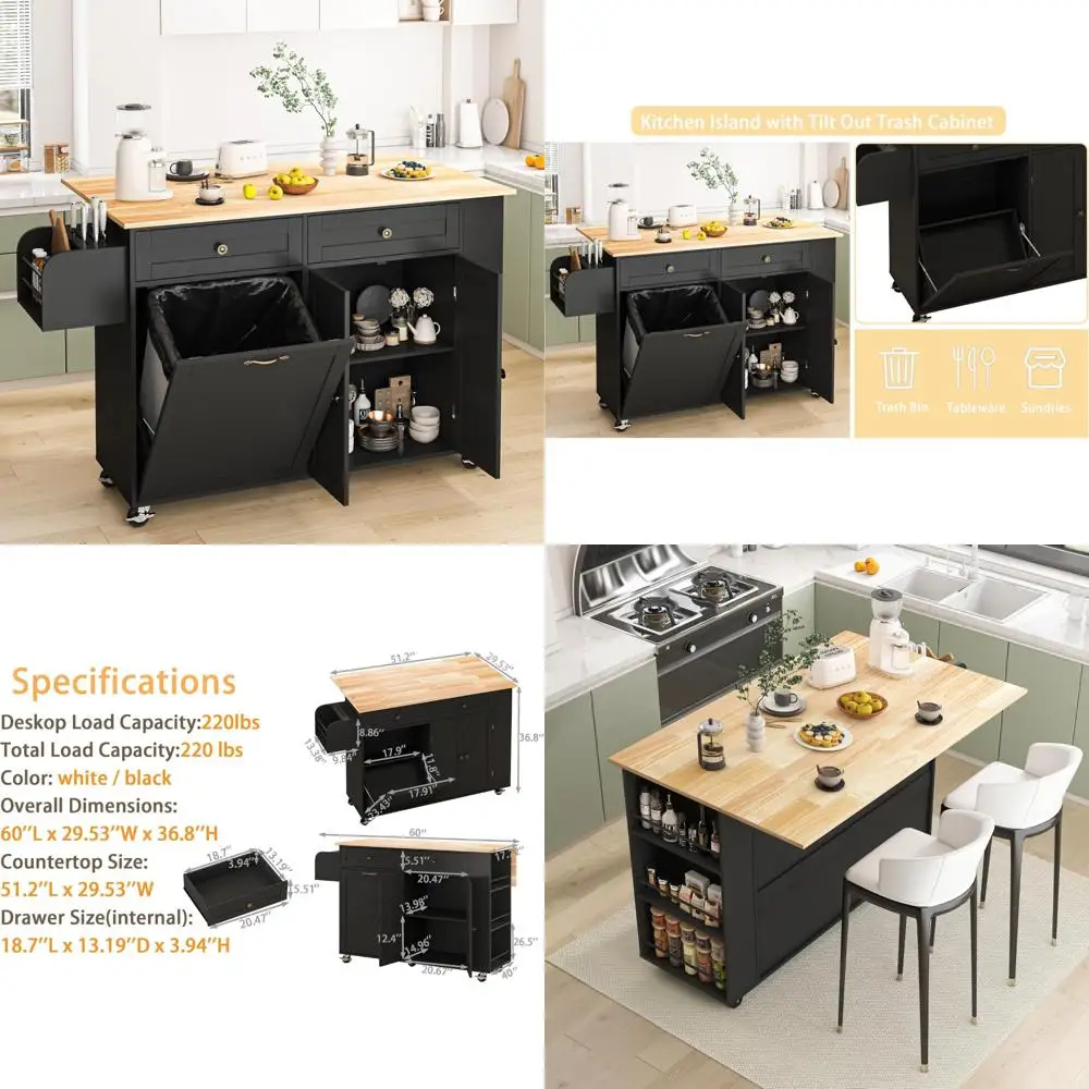 Тележка для кухонного острова с откидным листом, хранилищем, наклонным мусорным баком и держателем для ножей — универсальный стол на колесиках для эффективного приготовления пищи