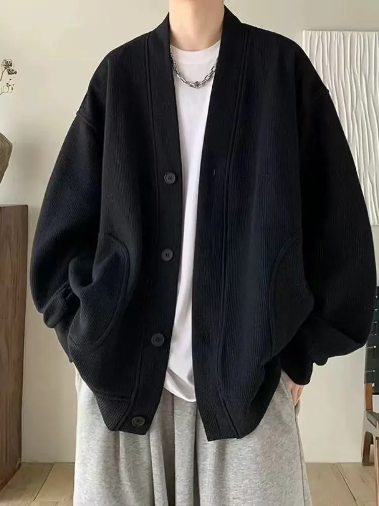 

Мужской кардиган свободного кроя V-Ne Jaet Pure Bla Lazy Sle, весенне-осеннее пальто для пар, повседневное свободное пальто с дизайном све, полиэстер...