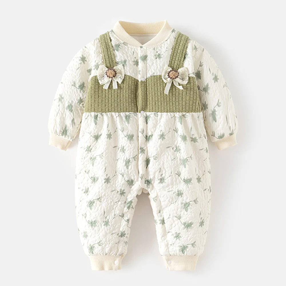 

Baby Girl jumpsuits Quilted Thicken Warm Newborn Winter Clothes Floral Patchwork Cute 1st Birthday Christmas Baby Boy Romper