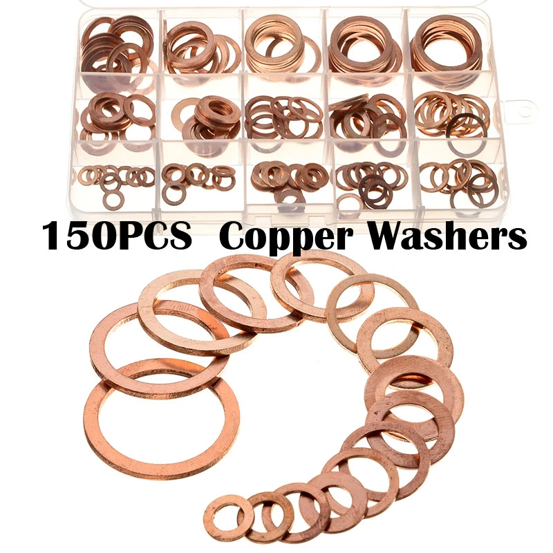 

150pcs Copper Washer Gasket Assorted Seal Flat O-Ring Nut and Bolt Set M6/M8/M10/M12/M14/M16/M18/M20/M22 For Sump Plugs