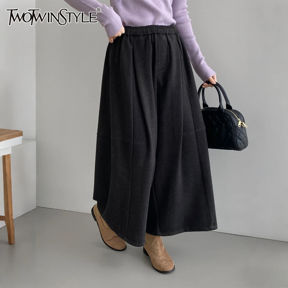 TWOTWINSTYLE 솔리드 스플라이스드 폴드 한국 스타일 바지 여성용 하이웨이스트 루즈 미니멀리스트 캐주얼 와이드 레그 팬츠 가을 패션