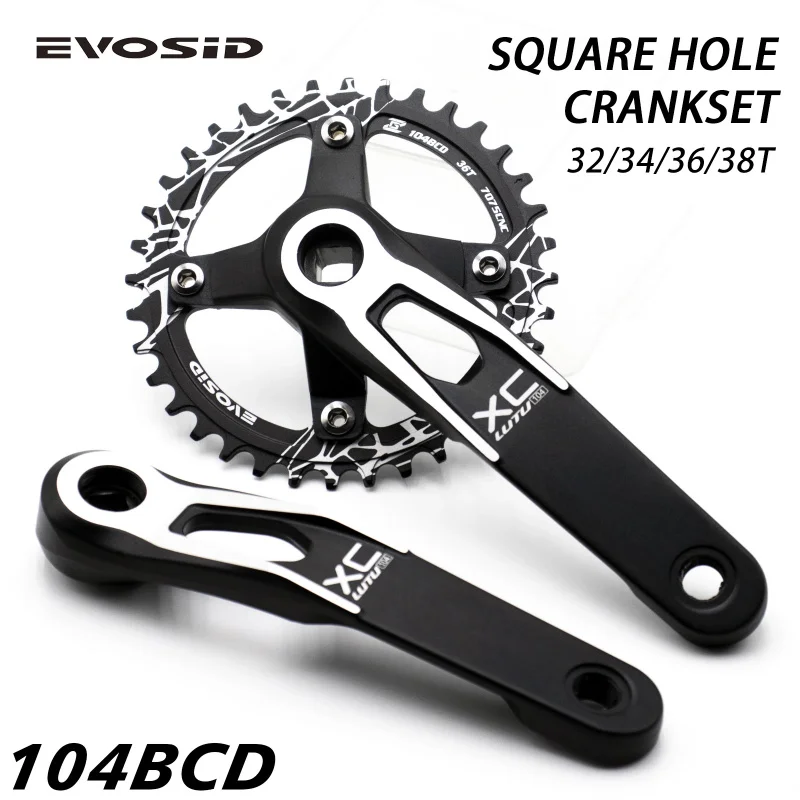 

EVOSID XC Square Hole Bicycle Crankset Aluminum Alloy MTB Crank 170mm Narrow Wide Teeth 104BCD 32T/34T/36T/38T
