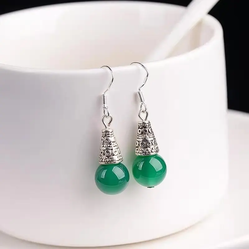 New natural agate earrings female temperament chalcedony green agate earrings net red new emerald long earrings anti-gem earring