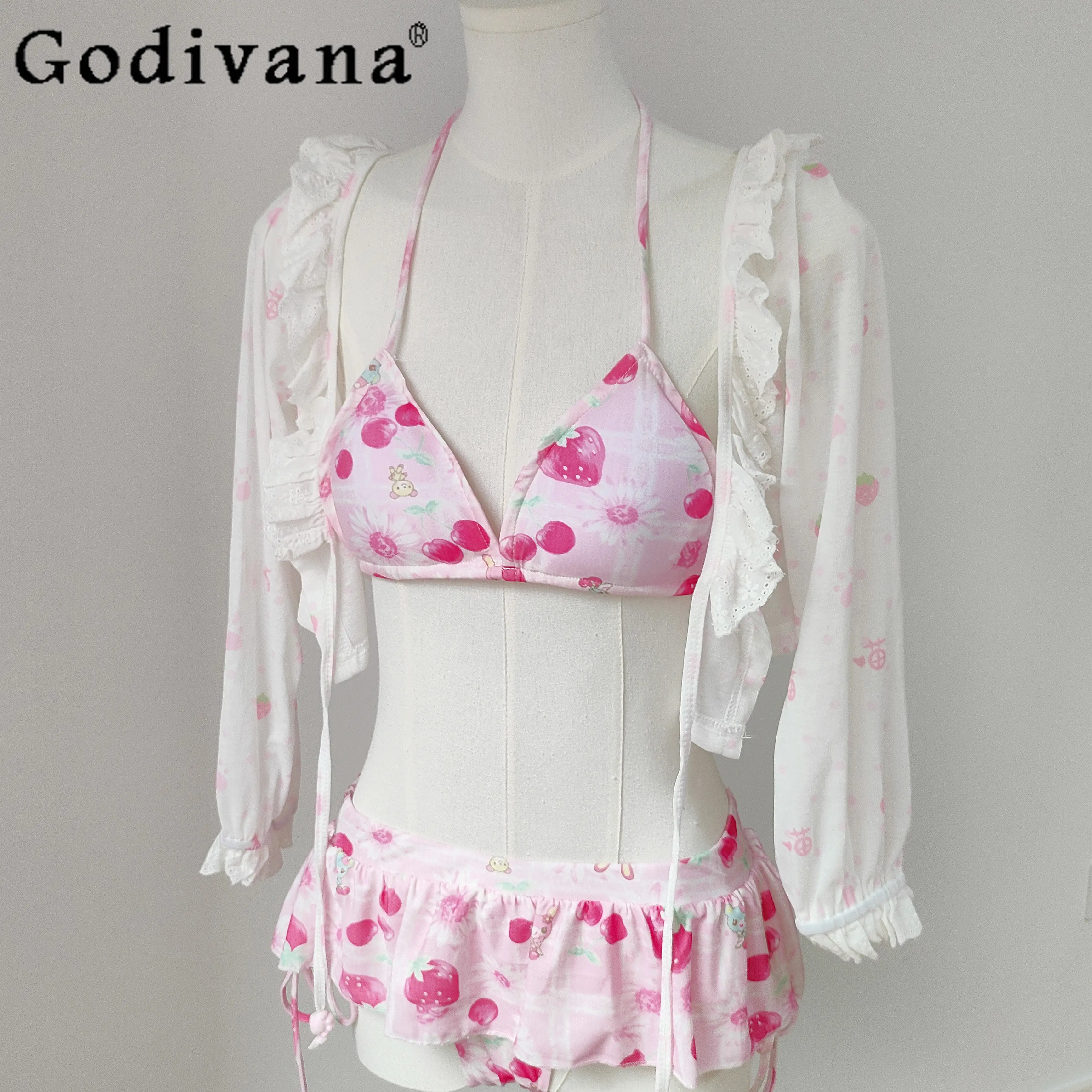 

Japanese Girl Cute Strawberry Cartoon Print Pink Split Swimsuit Bikini Summer New Y2k Casual Swimwear Swimming Suit for Women