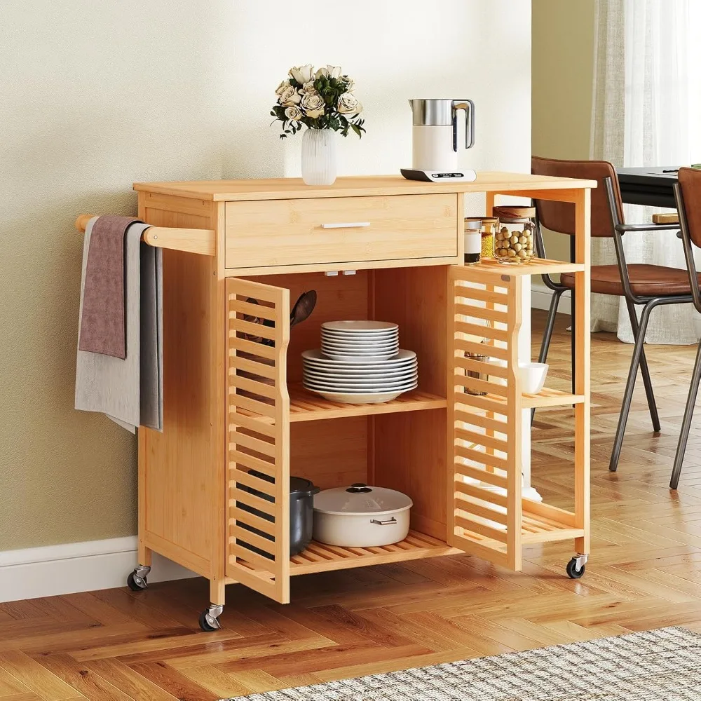 

Bamboo Kitchen Island Cart, Mobile Serving Cart with Drawer, 2-Door Storage Cabinet, 3-Tier Shelves & Towel Rack