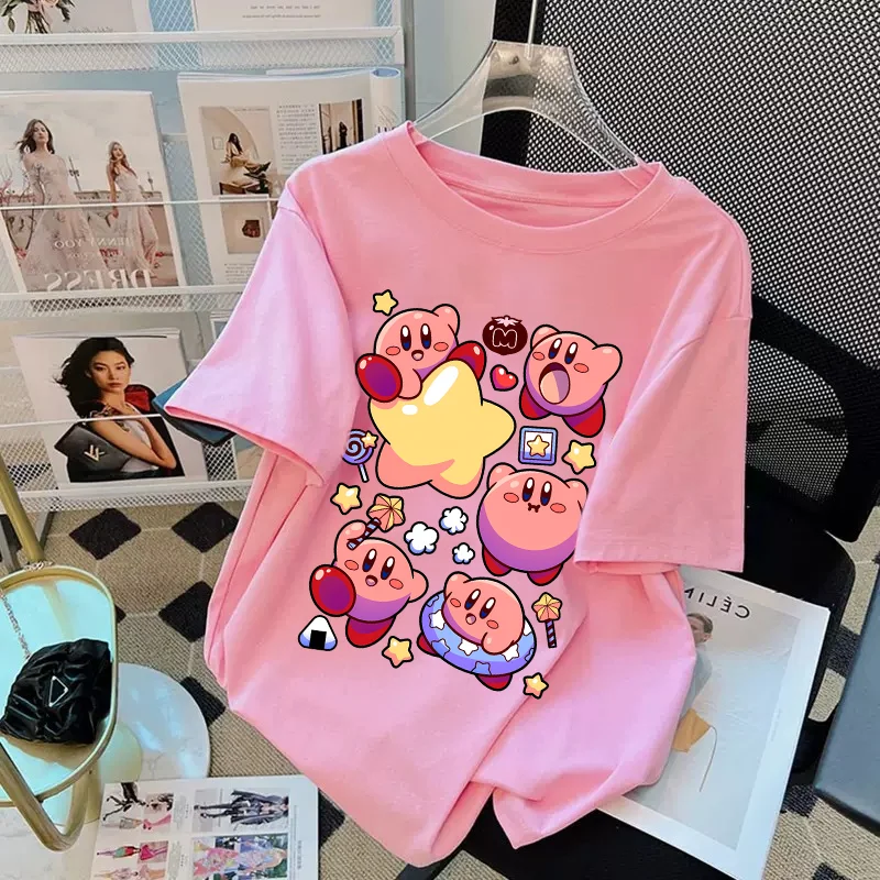 Star Kirbys T-Shirt für Damen, Rundhalsausschnitt, Baumwolle, atmungsaktiv, kurzärmelig, Cartoon-Anime-Figur, bedruckt, modisch, rosa, Kleidung, Oberteile, Geschenk