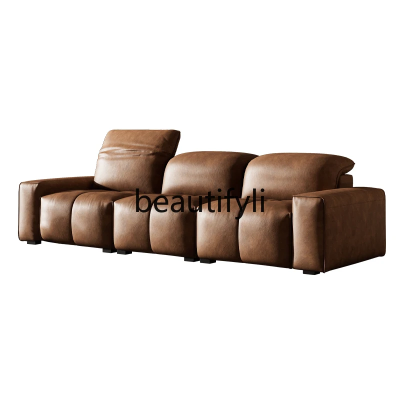 

Medieval retro leather sofa living room adjustable high backrest aniline leather straight row sofa