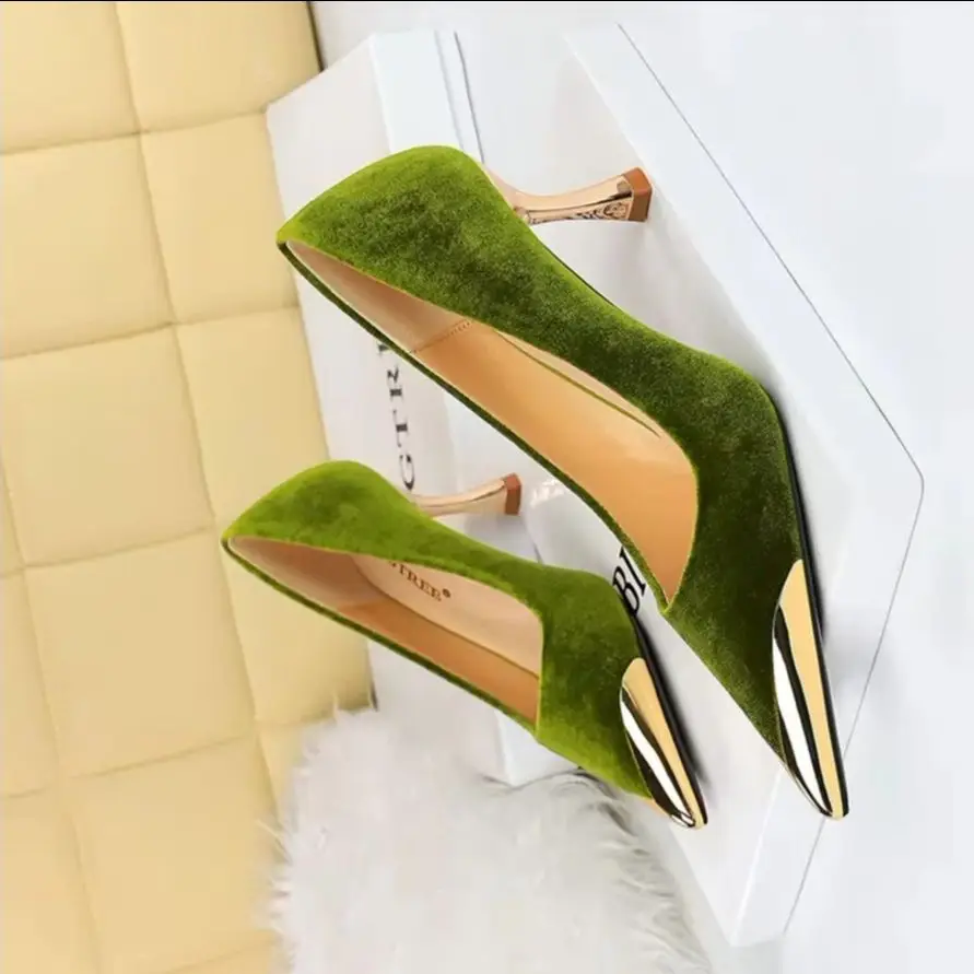 Women 7 Cm Heels Metal Pointed Women Pumps Fashion Kitten Heels Sexy Party Shoes Women Suede Lady Heels Luxury Wedding Shoes