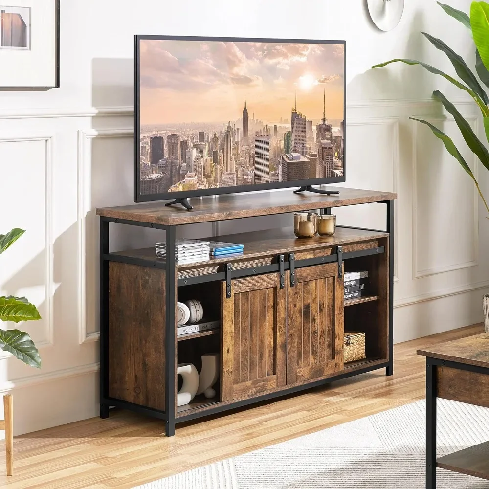 TV Stand, Entertainment Center with Storage Cabinets for 55 Inches TV, Barn Door TV Stand with Height Adjustable Shelves