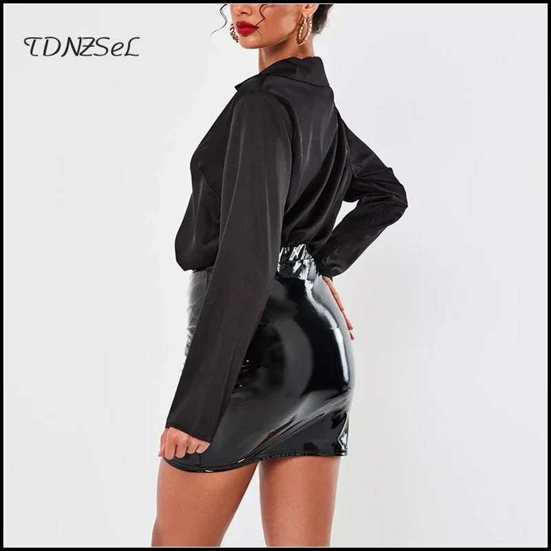 Black Latex Leather Mini Skirt Women Sexy High Waist PVC Skirts Short Office Lady PU Skinny Pencil Skirt Bodycon Clubwear Custom